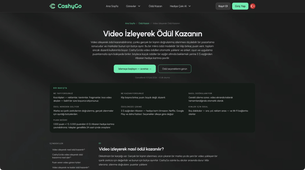 CashyGo video görevleri sayfası ekran görüntüsü